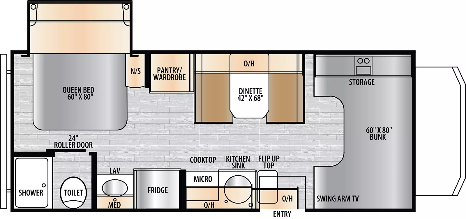 The Entrada 2200S floorplan has one entry and one slide out. Exterior features include: 14' awning. Interiors features include: rear bedroom, rear bathroom, bunk over cab, dinette and fixed bed.
